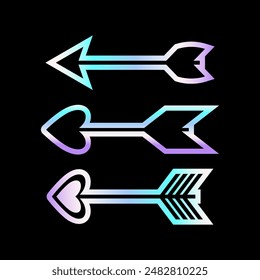 Holographic gradient. y2k holographic silver  arrow. Set of geometric icons in 2000s style with holographic effect. Set of holographic arrows.