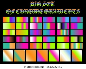 Holographic gradients of bright chrome metallic colors for design and vector illustrations.