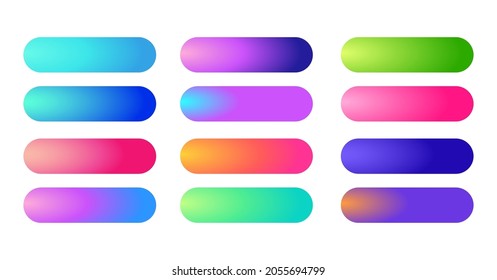 holographic gradients set, bars buttons. Multicolor green purple yellow orange pink red violet cyan blue fluid geometric gradients, colorful soft volume web buttons, vivid color bar flat set