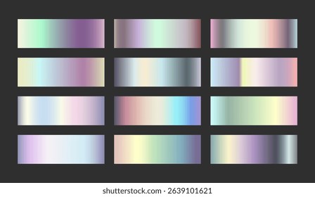 Holographic gradients swatch collection. Iridescent metallic foil texture. Pastel spectrum palettes for dreamy futuristic designs.
