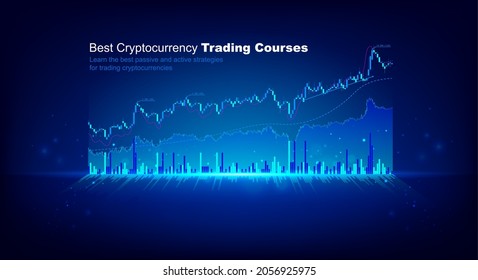 Los gráficos holográficos y las estadísticas del mercado de valores obtienen beneficios. Bolsa de valores y carta de candelabros. Concepto de criptodivisa de planificación del crecimiento y estrategia empresarial. Presentación de la forma de buena economía