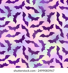 Holographic Halloween Bat flat seamless pattern. Vector Happy Halloween print with flying purple bat silhouette on neon rainbow gradient background for wrapping, holiday decor, textile, wallpapers.