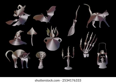 Holographic Halloween icons with witch, bats, black cats, skeleton hand, cauldron, broomstick, mushrooms, and candles on dark background