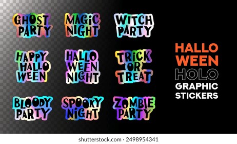 Holographic Halloween lettering quotes. Vector illustration with iridescent foil adhesive stickers of Halloween lettering quotes in y2k style for decoration poster, social media, web, ad.