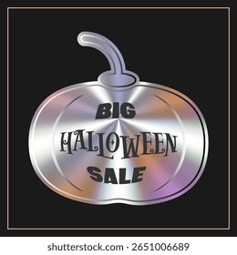 Holographic Halloween pumpkin sticker on black background. Big Halloween sale. Vector image.
