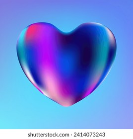 Holographic heart. Fluid liquid chrome heart shape. 3d y2k hologram love element. Metallic rainbow icon. Fantasy retro 80s, 90s texture. Iridescent, flowing gradient. Vector illustration EPS10.