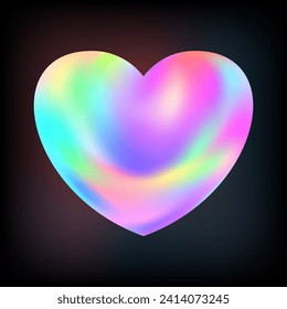 Holographic heart. Fluid liquid chrome heart shape. 3d y2k hologram love element. Metallic rainbow icon. Fantasy retro 80s, 90s texture. Iridescent, flowing gradient. Vector illustration EPS10.