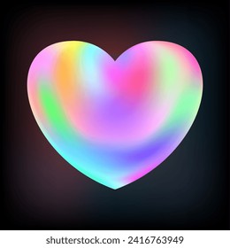 Holographic heart. Fluid liquid chrome heart shape. 3d y2k hologram love element. Metallic rainbow icon. Fantasy retro 80s, 90s texture. Iridescent, flowing gradient. Vector illustration EPS10.