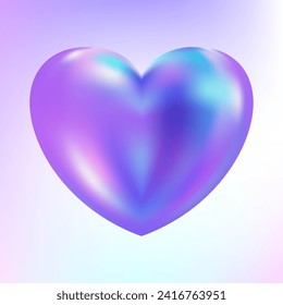 Holographic heart. Fluid liquid chrome heart shape. 3d y2k hologram love element. Metallic rainbow icon. Fantasy retro 80s, 90s texture. Iridescent, flowing gradient. Vector illustration EPS10.