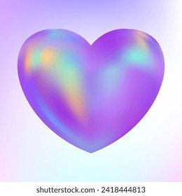 Holographic heart. Fluid liquid chrome heart shape. 3d y2k hologram love element. Metallic rainbow icon. Fantasy retro 80s, 90s texture. Iridescent, flowing gradient. Vector illustration EPS10.