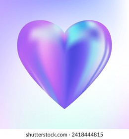 Holographic heart. Fluid liquid chrome heart shape. 3d y2k hologram love element. Metallic rainbow icon. Fantasy retro 80s, 90s texture. Iridescent, flowing gradient. Vector illustration EPS10.