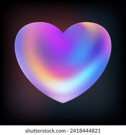 Holographic heart. Fluid liquid chrome heart shape. 3d y2k hologram love element. Metallic rainbow icon. Fantasy retro 80s, 90s texture. Iridescent, flowing gradient. Vector illustration EPS10.