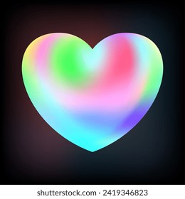 Holographic heart. Fluid liquid chrome heart shape. 3d y2k hologram love element. Metallic rainbow icon. Fantasy retro 80s, 90s texture. Iridescent, flowing gradient. Vector illustration EPS10.