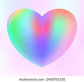 Holographic heart. Fluid liquid chrome heart shape. 3d y2k hologram love element. Metallic rainbow icon. Fantasy retro 80s, 90s texture. Iridescent, flowing gradient. Vector illustration EPS10.