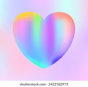 Holographic heart. Fluid liquid chrome heart shape. 3d y2k hologram love element. Metallic rainbow icon. Fantasy retro 80s, 90s texture. Iridescent, flowing gradient. Vector illustration EPS10.