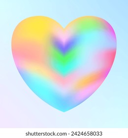 Holographic heart. Fluid liquid chrome heart shape. 3d y2k hologram love element. Metallic rainbow icon. Fantasy retro 80s, 90s texture. Iridescent, flowing gradient. Vector illustration EPS10.