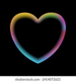 Holographic heart frame. Fluid liquid chrome heart shape. 3d y2k hologram love element. Metallic rainbow icon. Fantasy retro 80s, 90s texture. Flowing gradient. Vector illustration EPS10.