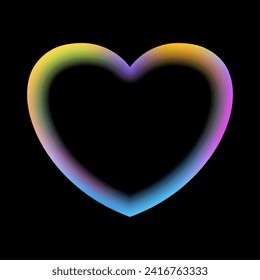 Holographic heart frame. Fluid liquid chrome heart shape. 3d y2k hologram love element. Metallic rainbow icon. Fantasy retro 80s, 90s texture. Flowing gradient. Vector illustration EPS10.
