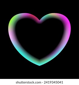 Holographic heart frame. Fluid liquid chrome heart shape. 3d y2k hologram love element. Metallic rainbow icon. Fantasy retro 80s, 90s texture. Flowing gradient. Vector illustration EPS10.