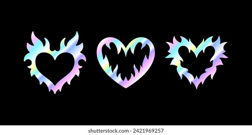 Holographic hearts in 2000 style isolated on black background. Shimmering holographic hearts. 90s vector illustration. Youth trend sticker.