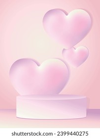 Holographic hearts with podium on pink background. Valentine’s Day vector illustration