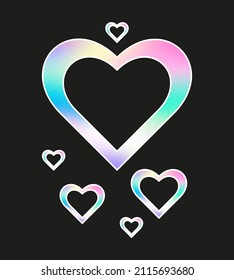 Holographic hearts sticker for Valentine’s day. Hologram label of different shapes. Vector sticker for design mockups. Holographic textured sticker for preview tags, labels