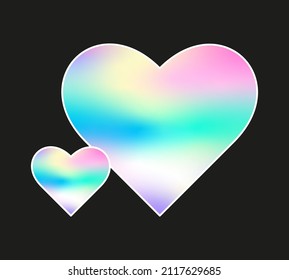 Holographic hearts sticker for Valentine’s day. Hologram label of different shapes. Vector sticker for design mockups. Holographic textured sticker for preview tags, labels
