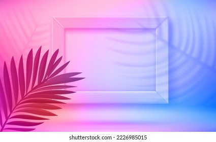 Holographic illuminated interior with empty frame. 3d vector illustration