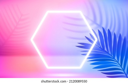 Holographic illuminated stage with neon frame. 3d vector illustration