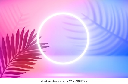 Holographic illuminated stage with neon frame. 3d vector illustration