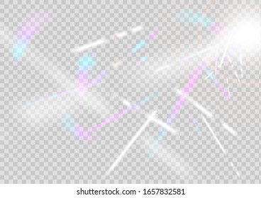 Holographic incident rays of iridescent brilliance isolated on a transparent background.
