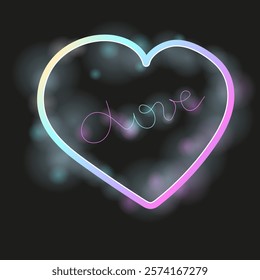 Holographic inscription love in a neon heart with multi-colored highlights on a black background