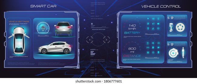 Holographic interface with parameters and characteristics of passenger car. Management and diagnostics of smart city electric vehicle. Custom touchpad with car and HUD, GUI, UI elements