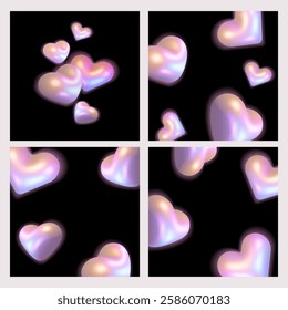 Holographic iridescent 3D heart shapes with glow backgrounds set, perfect for romantic designs, posters, covers, social media, promo, Valentine's Day cards,and digital decorations. Vector illustration