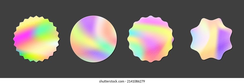 Holographic iridescent foil sticker realistic mockups with texture. Authenticity metal emblem or official holography label. Vector neon guarantee certification metallic icon. Quality badge template