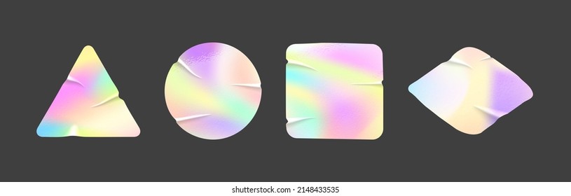 Holographic iridescent foil sticker realistic mockups with folds and texture. Authenticity emblem or official holography label. Vector neon guarantee certification metallic badge. Quality tag template