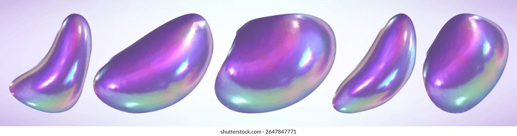 Holographic iridescent liquid abstract shapes isolated on light background. Colorful fluid gradient blobs with glossy metallic shine. Futuristic design elements. Vibrant 3d shimmering paint drops.