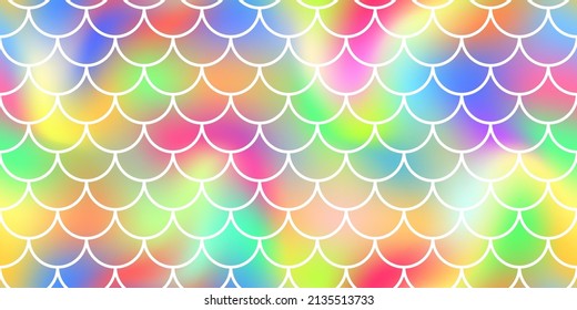 Holographic iridescent neon mermaid scale seamless pattern. Blurred foil gradient vector background. Kawaii rainbow bokeh hologram. Girlie sweet unicorn backdrop from fairy tale.