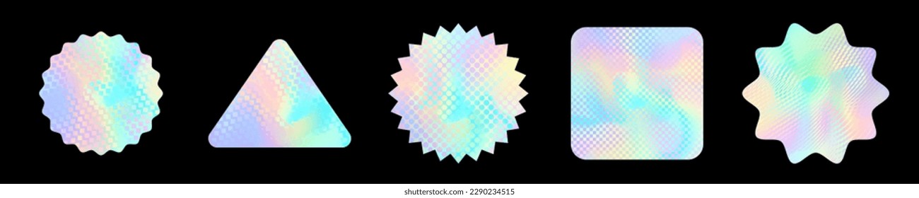 Holographic iridescent stickers, hologram foil label seals, vector pattern texture. Holographic iridescent stickers with iridescent color gradient for original official product holograph tag
