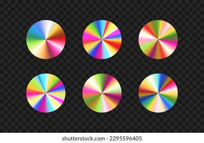 Holographic iridescent stickers template. Vector circle hologram labels with different gradient shining.