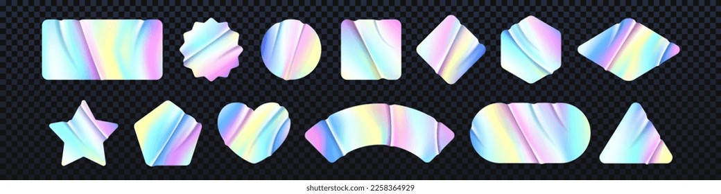 Holographic iridescent texture sticker or label, pearlescent rainbow or unicorn blur badge with soft pastel colors, vector stamp with gradient or ombre neon effect, round star shape, price or sale tag