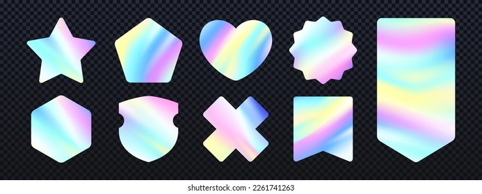 Etiqueta o pegatina de textura iridiscente holográfica, insignia de arcoiris o de unicornio con colores pastel suaves, sello vectorial con efecto neón oscuro degradado, escudo, precio de forma estrella o etiqueta de venta