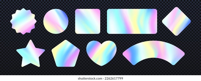 Holographic iridescent texture sticker or label, pearlescent rainbow or unicorn blur badge with soft pastel colors, vector stamp with gradient or ombre neon effect, round star shape, price or sale tag