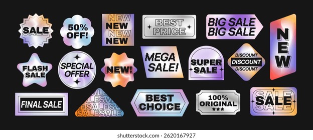 Holographic label set. Advertising stickers with metallic neon texture. Design elements to promote sale, special offer and discount. Iridescent vector illustration collection isolated on background