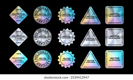 Etiquetas holográficas y pegatinas en varias Formas: cuadrado, diamante, triángulo, flor y círculo. Ilustraciones vectoriales para maquetas de diseño. Vector.