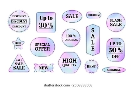 Holographic labels with text. Advertising tags with gradient background. Business emblems, sale and quality stickers. Vector illustration. Geometric stamps set.