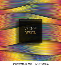 Holographic layer background with black and gold frame. Trendy packaging design or cover template.