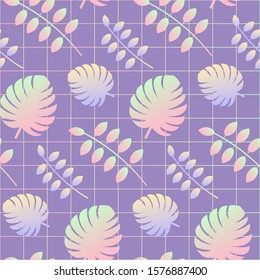 Holographic leaves seamless pattern with grid vector art.