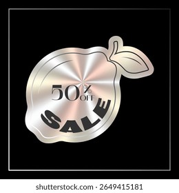 Holographic lemon sticker. Sale, 50% off. Fruit sale promotion offer. Vector image.