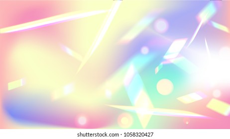 Holographic Light Glitch Effect. Iridescent Background. Vector Rainbow Gradient with Sunshine Glare. Creative Festive Backdrop. Mesh Holographic Foil. Trendy Hologram Vector Background.